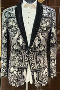 Black & White Hand-Embroidered Bird Motif Tuxedo Blazer for Men