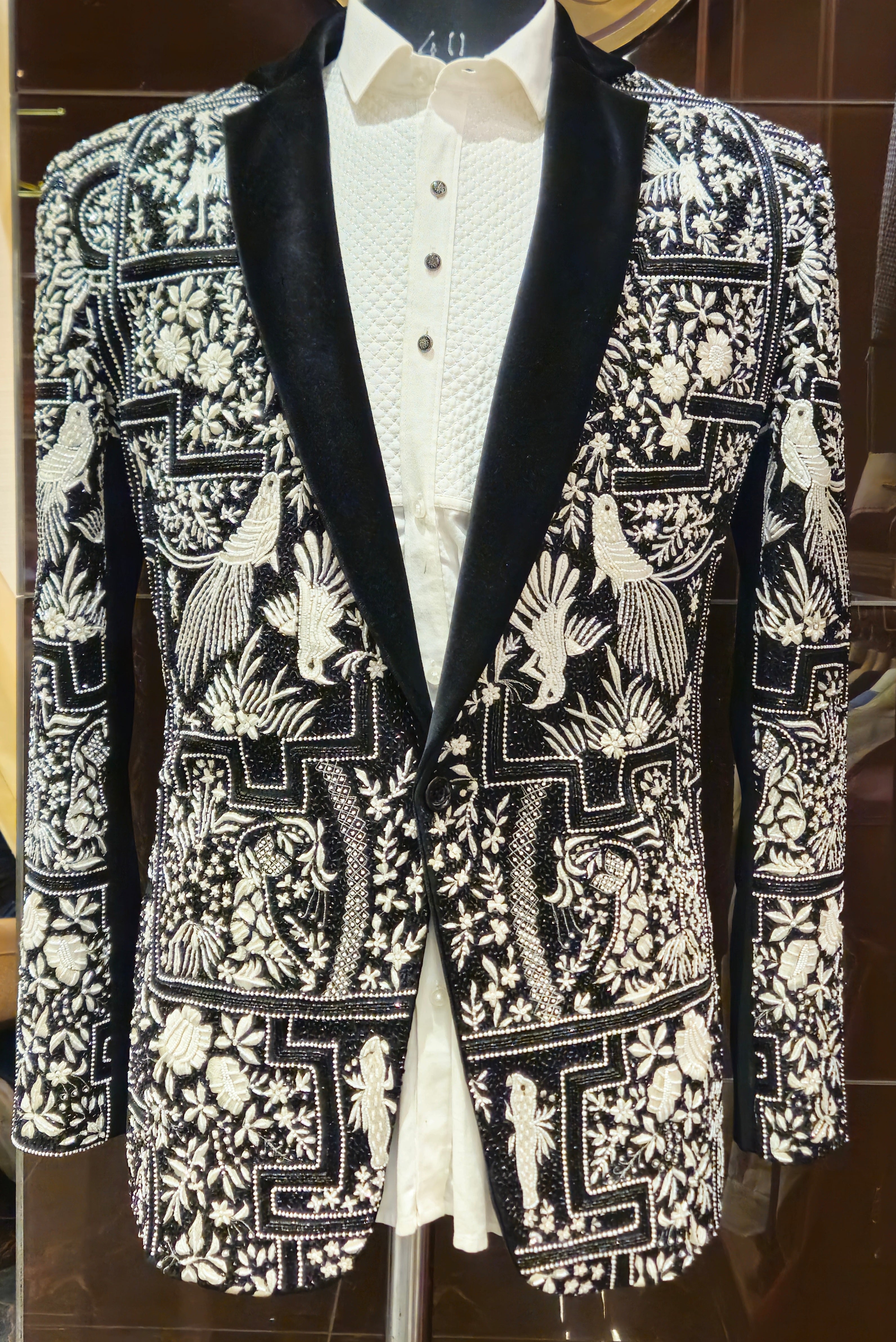 Black & White Hand-Embroidered Bird Motif Tuxedo Blazer for Men