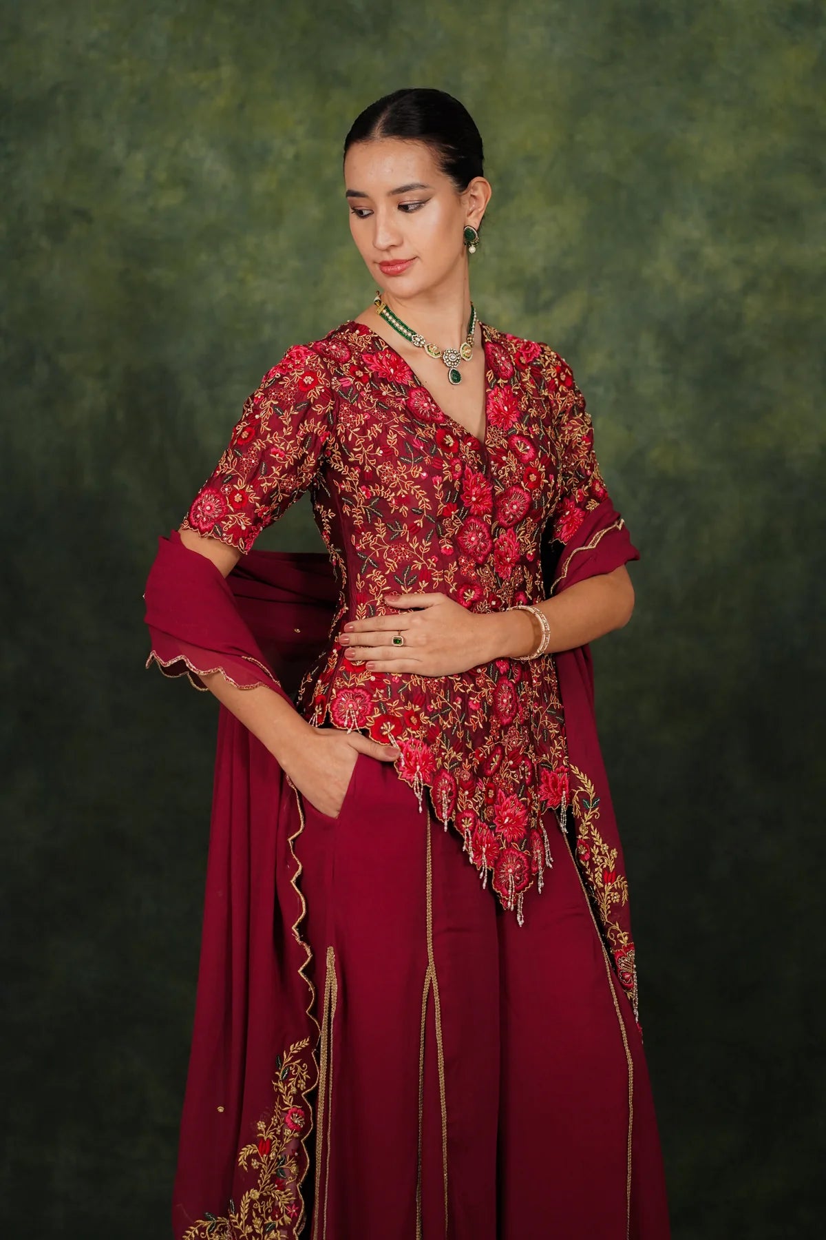 Fariba Red Wine Dupion Silk Sharara Set