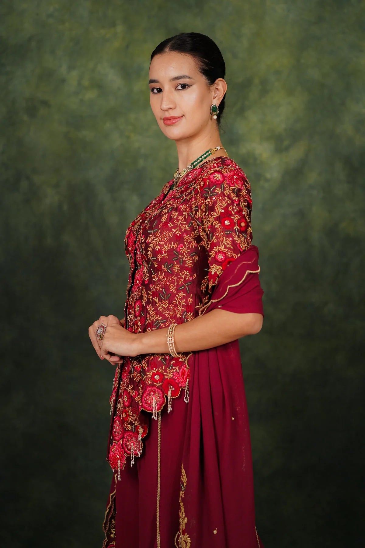Fariba Red Wine Dupion Silk Sharara Set
