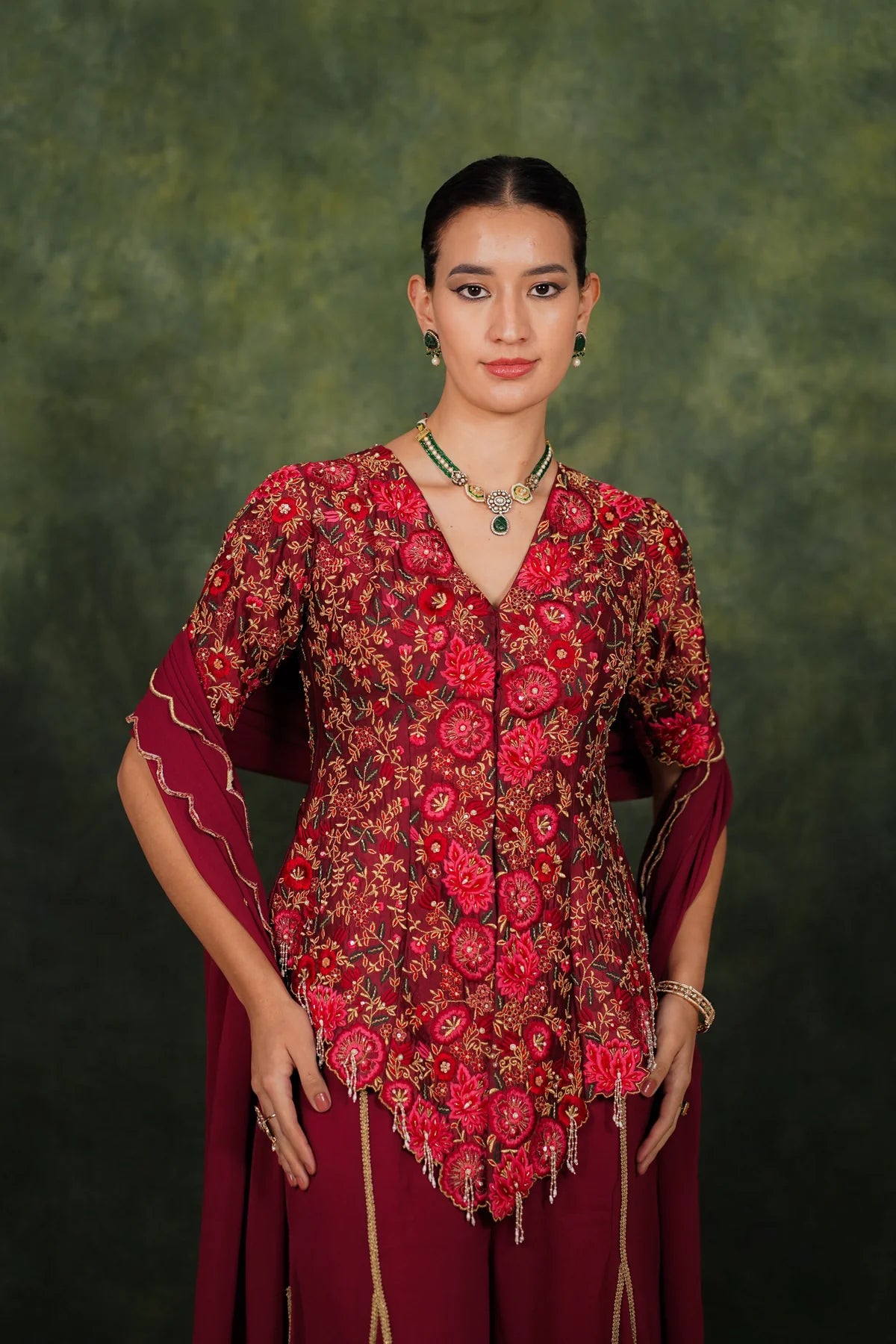 Fariba Red Wine Dupion Silk Sharara Set