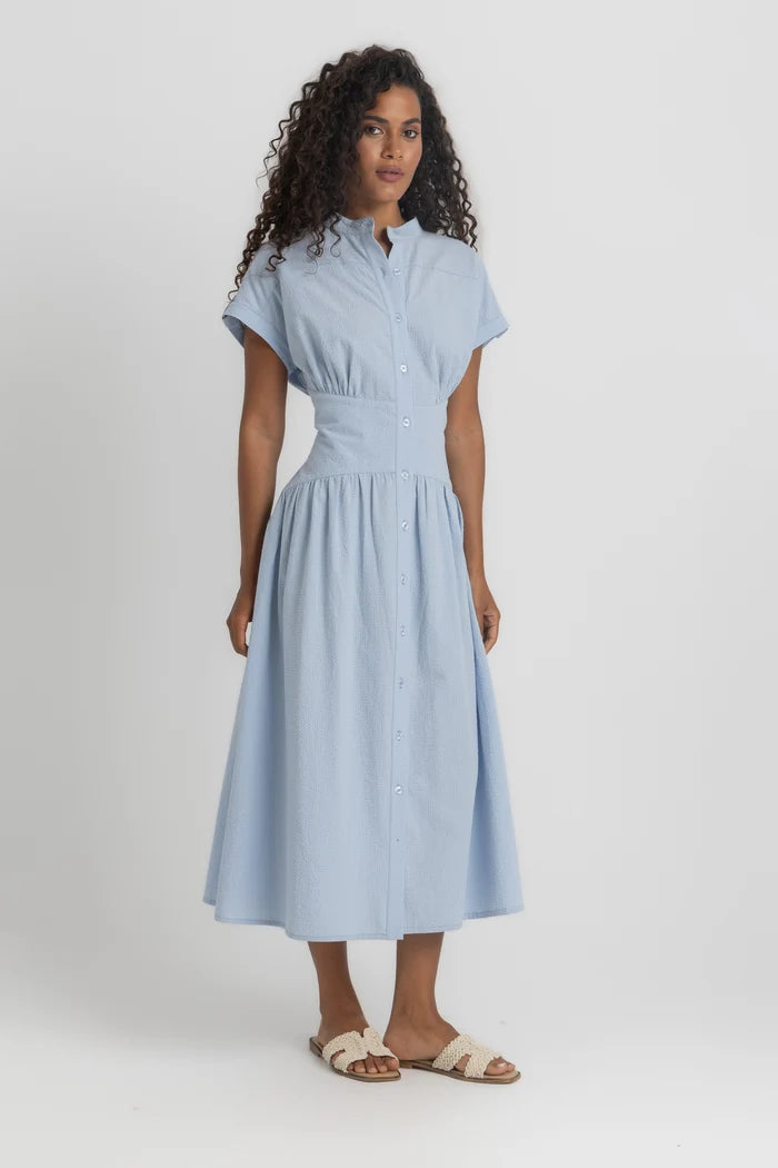 Band Collar Midi Shirt Dress