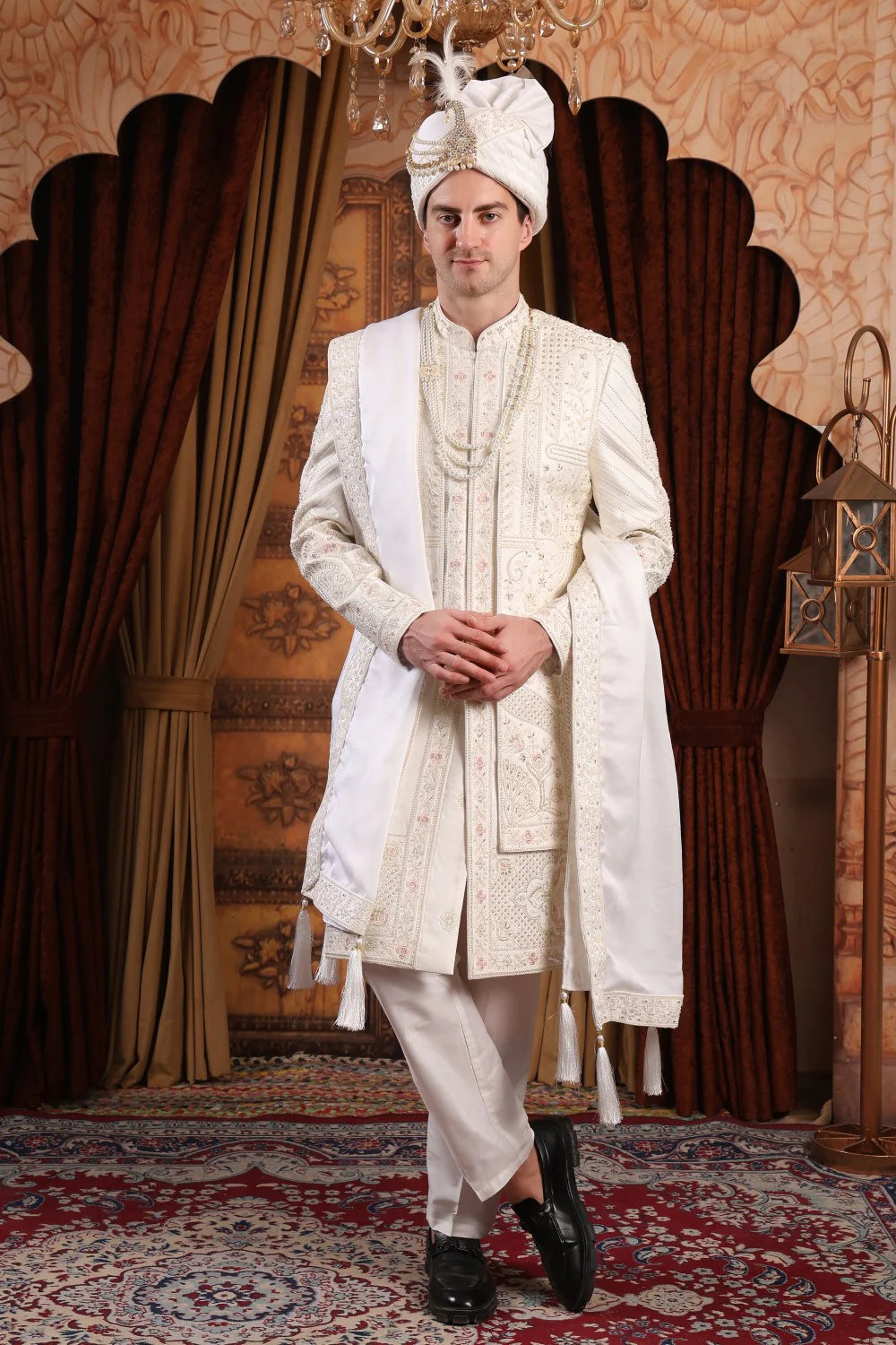 Royal Ivory Hand-Embroidered Groom Sherwani Set with Stole