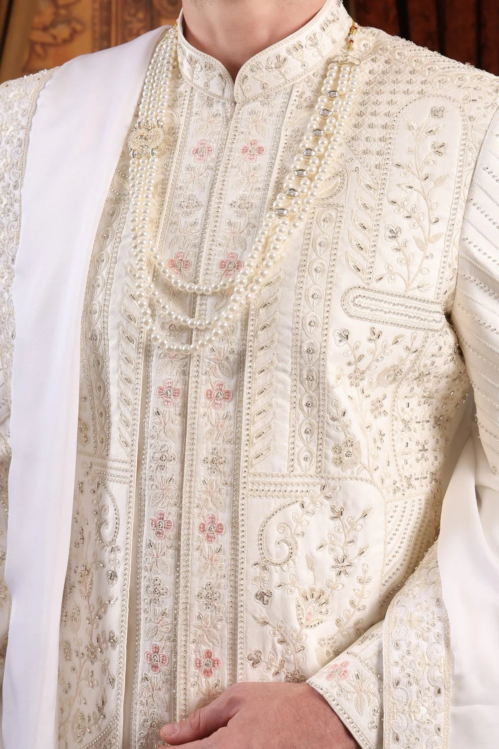 Royal Ivory Hand-Embroidered Groom Sherwani Set with Stole