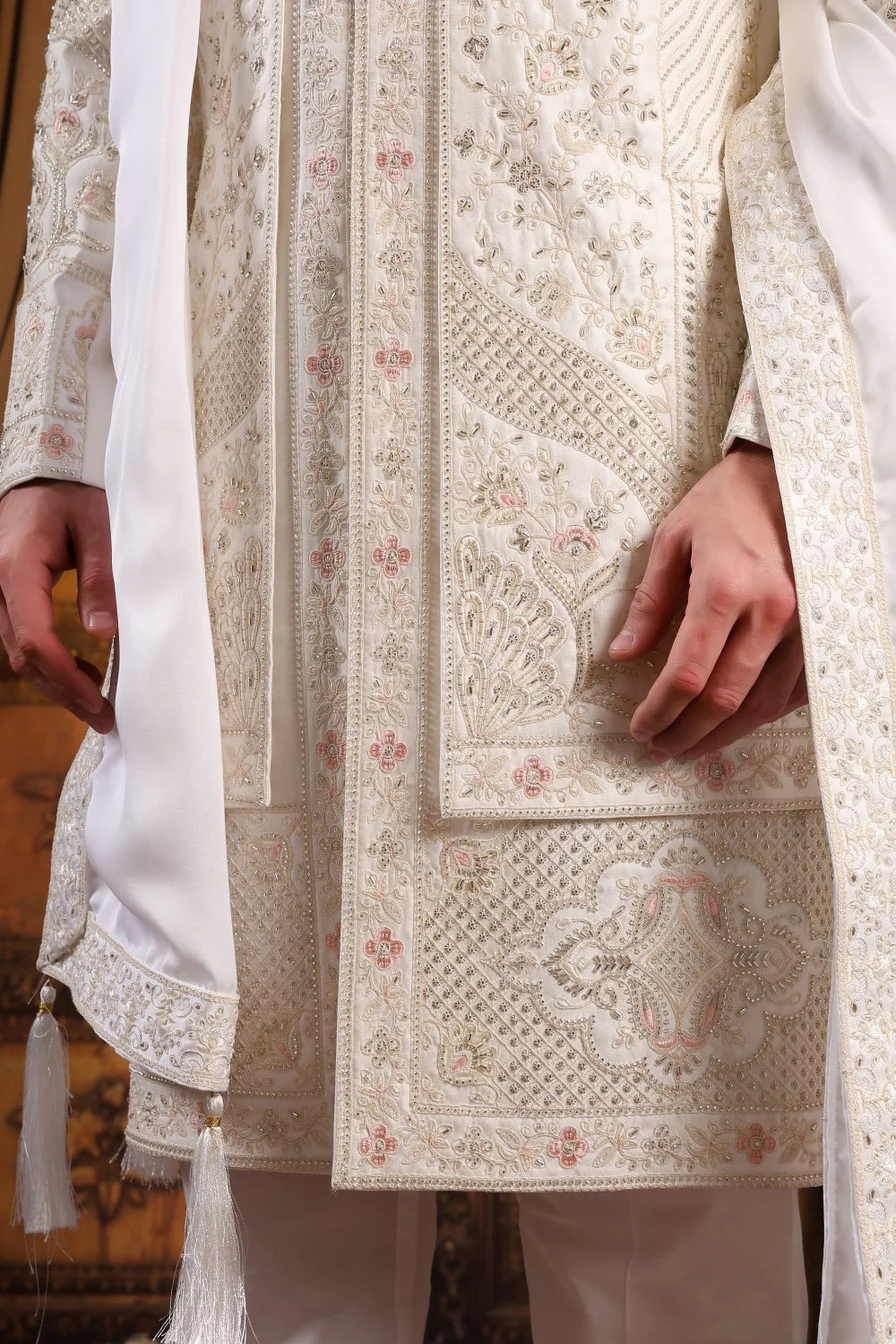 Royal Ivory Hand-Embroidered Groom Sherwani Set with Stole