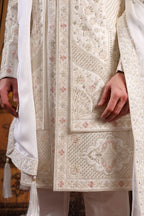 Royal Ivory Hand-Embroidered Groom Sherwani Set with Stole