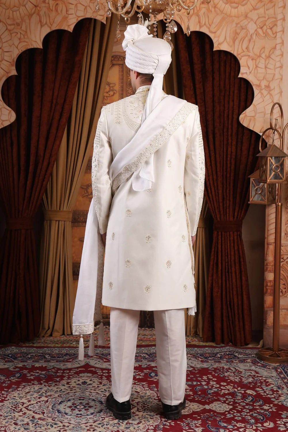 Royal Ivory Hand-Embroidered Groom Sherwani Set with Stole