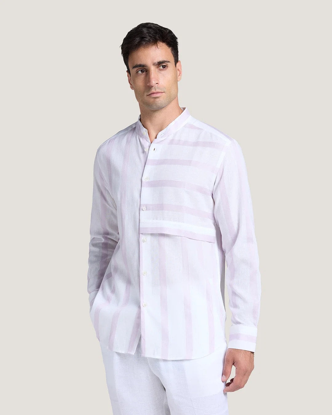 Lincot Mandarin Collar Striped Shirt