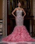 Tiphaine Pink Feather Crystal Mermaid Gown with Embellishments