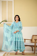 Aqua Cotton Dobby Flared Kurta Palazzo Embroidered Festive Set